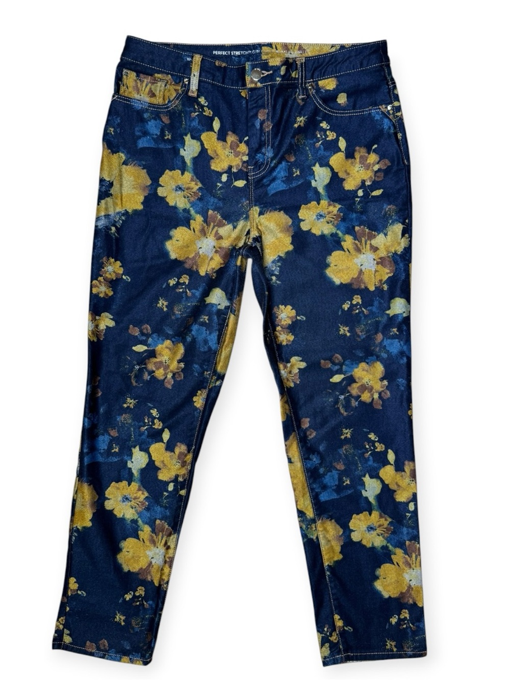 Chico’s Perfect Stretch Girlfriend Slim Leg Ankle Jeans M 8 Yellow Floral Size 1